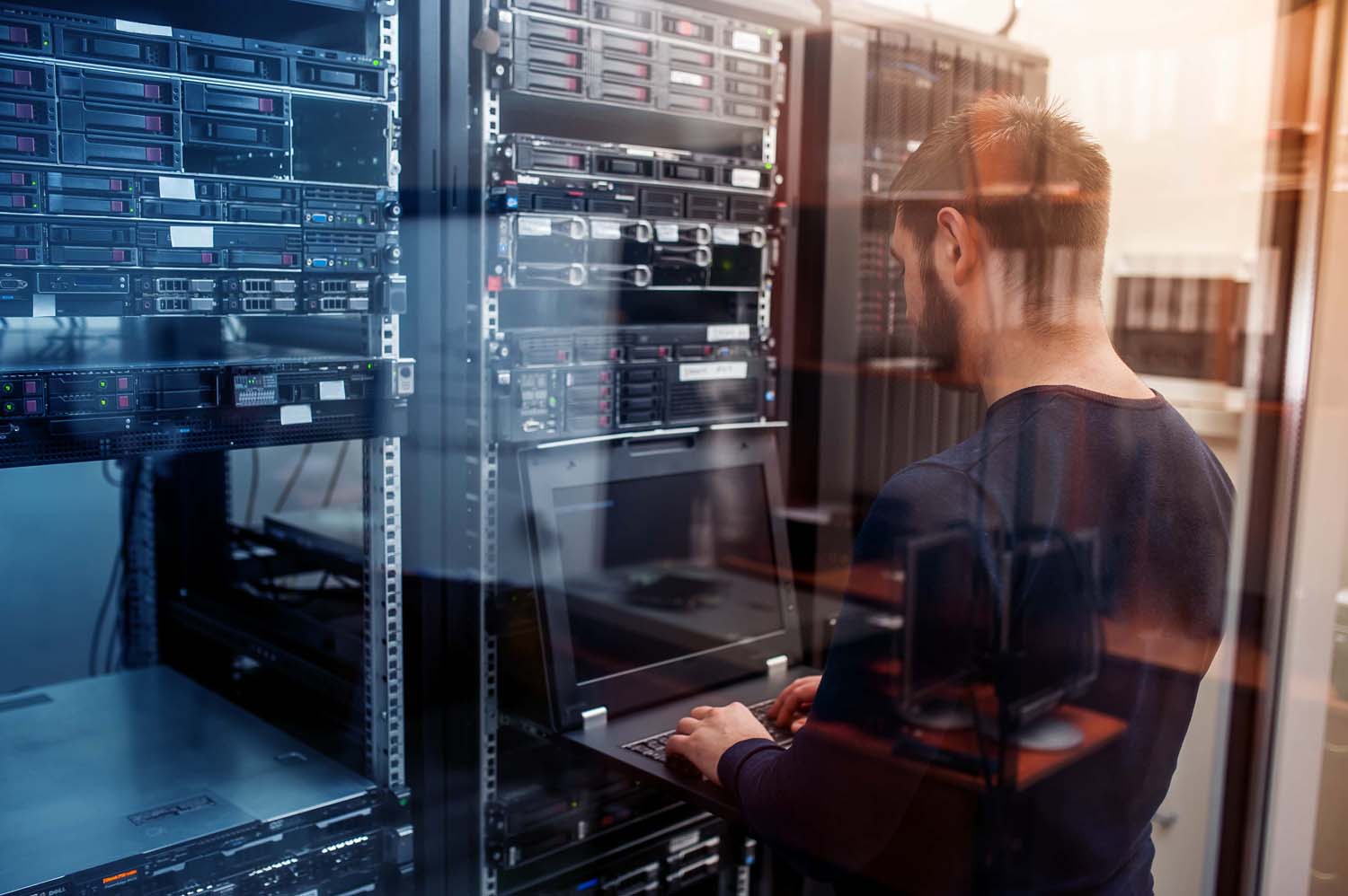 engineer in network server room