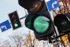 Green,traffic,light,signal.,left,and,right,intersection.,permission,to